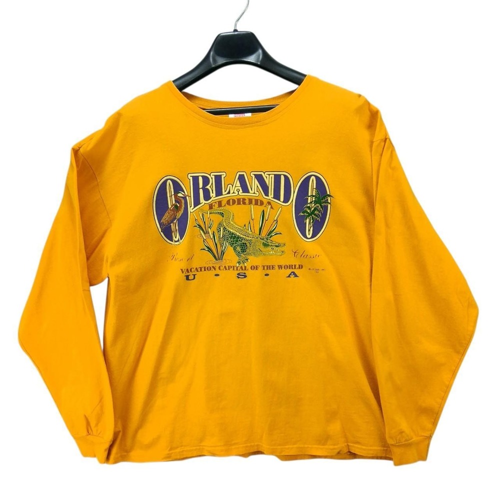 Vintage Hanes Her Way Orlando Florida Graphic T-Shirt Yellow Long Sleeve Large